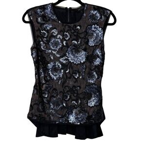 BCBG MAXAZRIA Glitter / Shimmer Sequin Floral Black Sleeveless Blouse NWT
